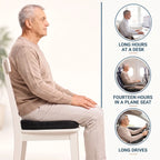 Man seated on the Calmyo gel seat cushion, with uses at a desk, in a plane seat and on long drives