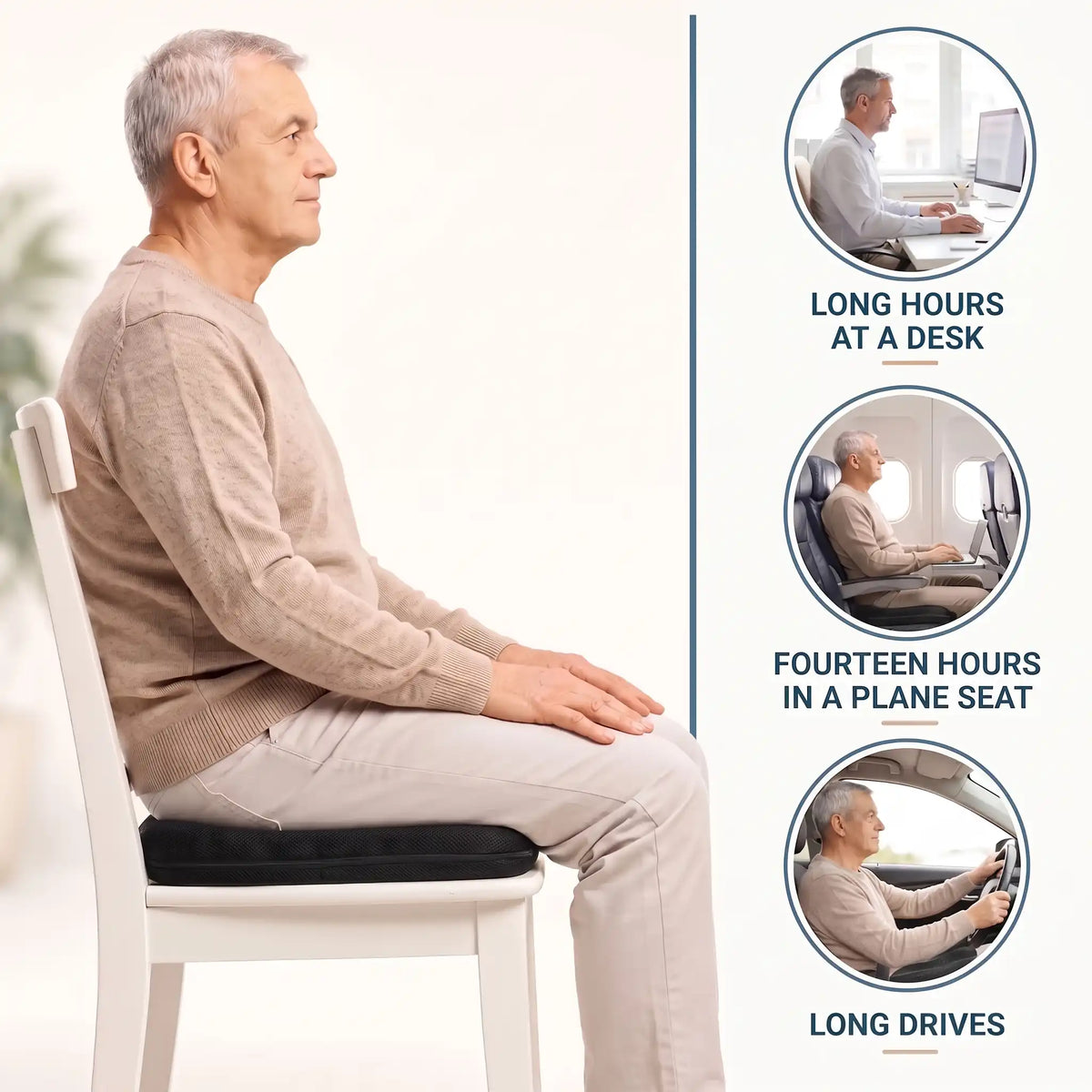 Man seated on the Calmyo gel seat cushion, with uses at a desk, in a plane seat and on long drives