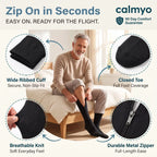 Calmyo zip-up compression socks details: wide ribbed cuff, closed toe, breathable knit and metal zipper