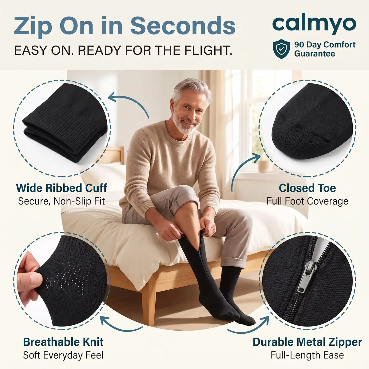 Calmyo zip-up compression socks details: wide ribbed cuff, closed toe, breathable knit and metal zipper