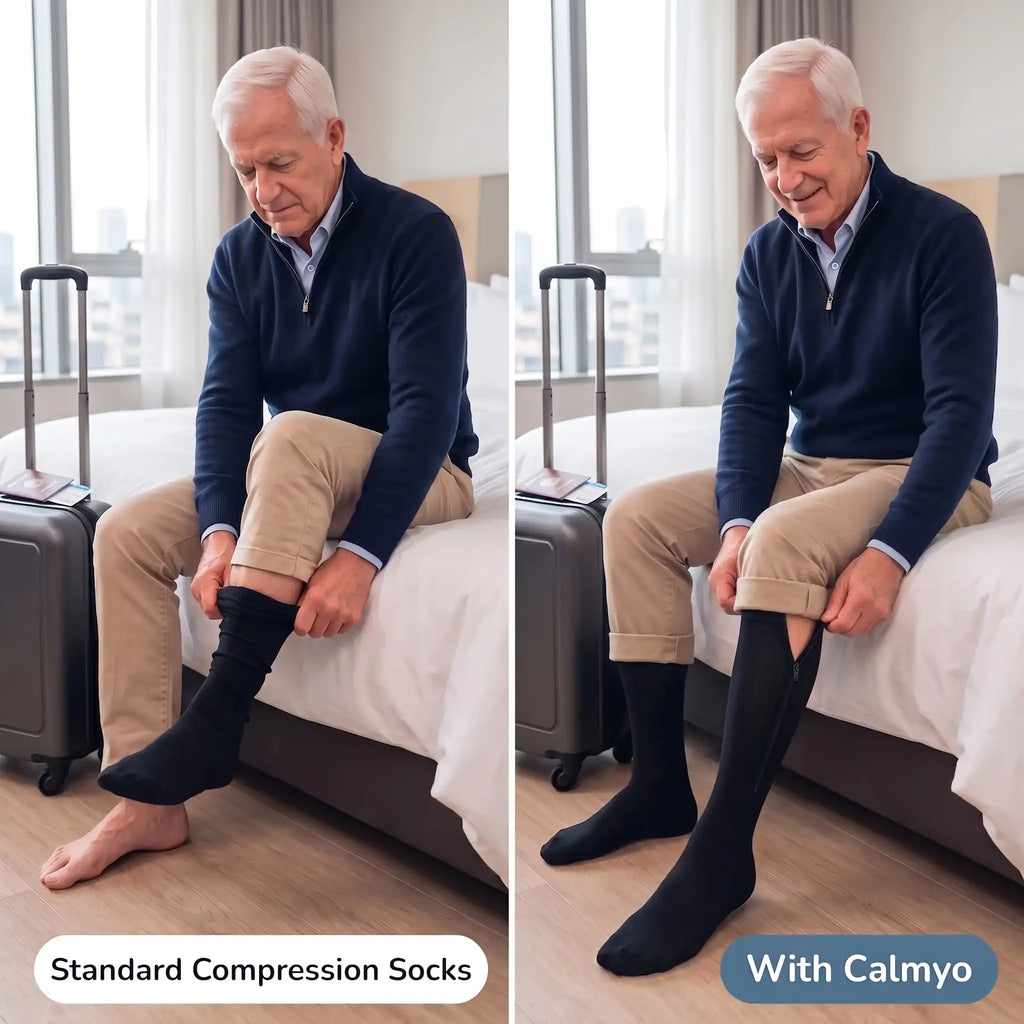 Putting on standard compression socks compared with Calmyo zip-up compression socks before a flight