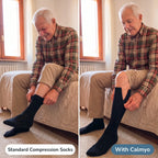 Putting on standard compression socks compared with Calmyo zip-up flight socks