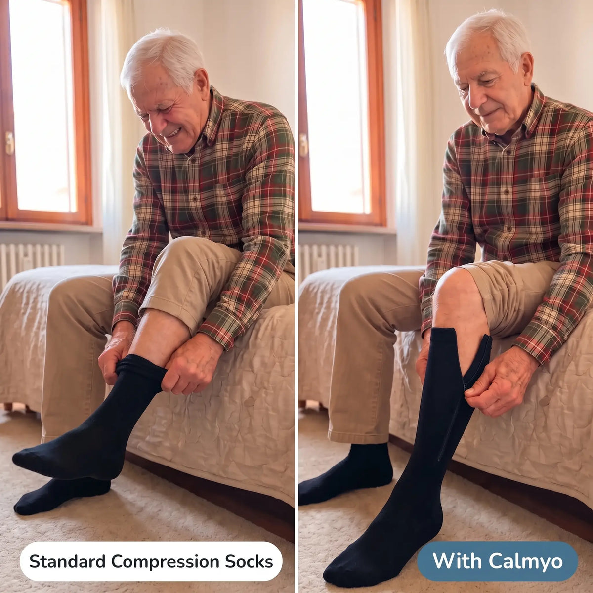 Putting on standard compression socks compared with Calmyo zip-up flight socks