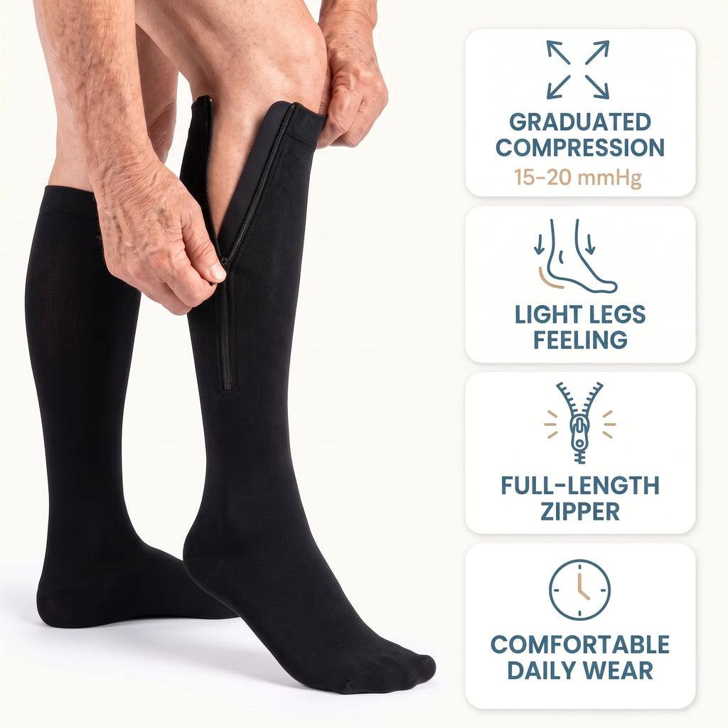 Calmyo zip-up compression socks in black, 15-20 mmHg graduated compression with a full-length zip