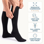 Calmyo zip-up compression socks in black, 15-20 mmHg graduated compression with a full-length zip