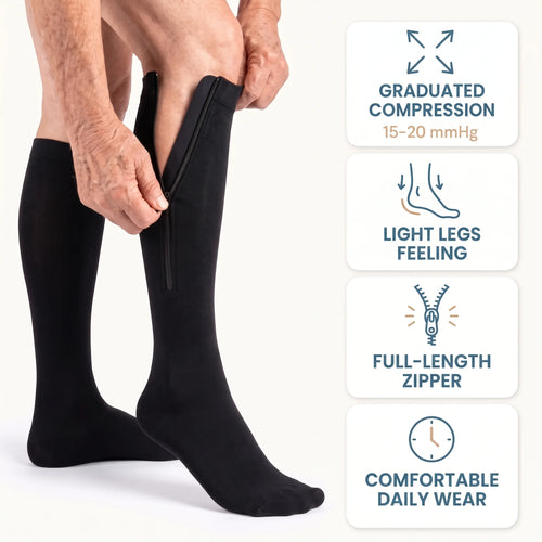Calmyo zip-up compression socks in black, 15-20 mmHg graduated compression with a full-length zip