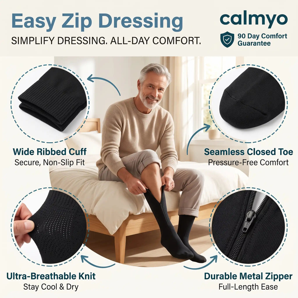 Calmyo compression socks detail: wide ribbed cuff, closed toe, breathable knit and metal zip
