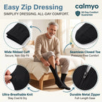 Calmyo compression socks detail: wide ribbed cuff, closed toe, breathable knit and metal zip