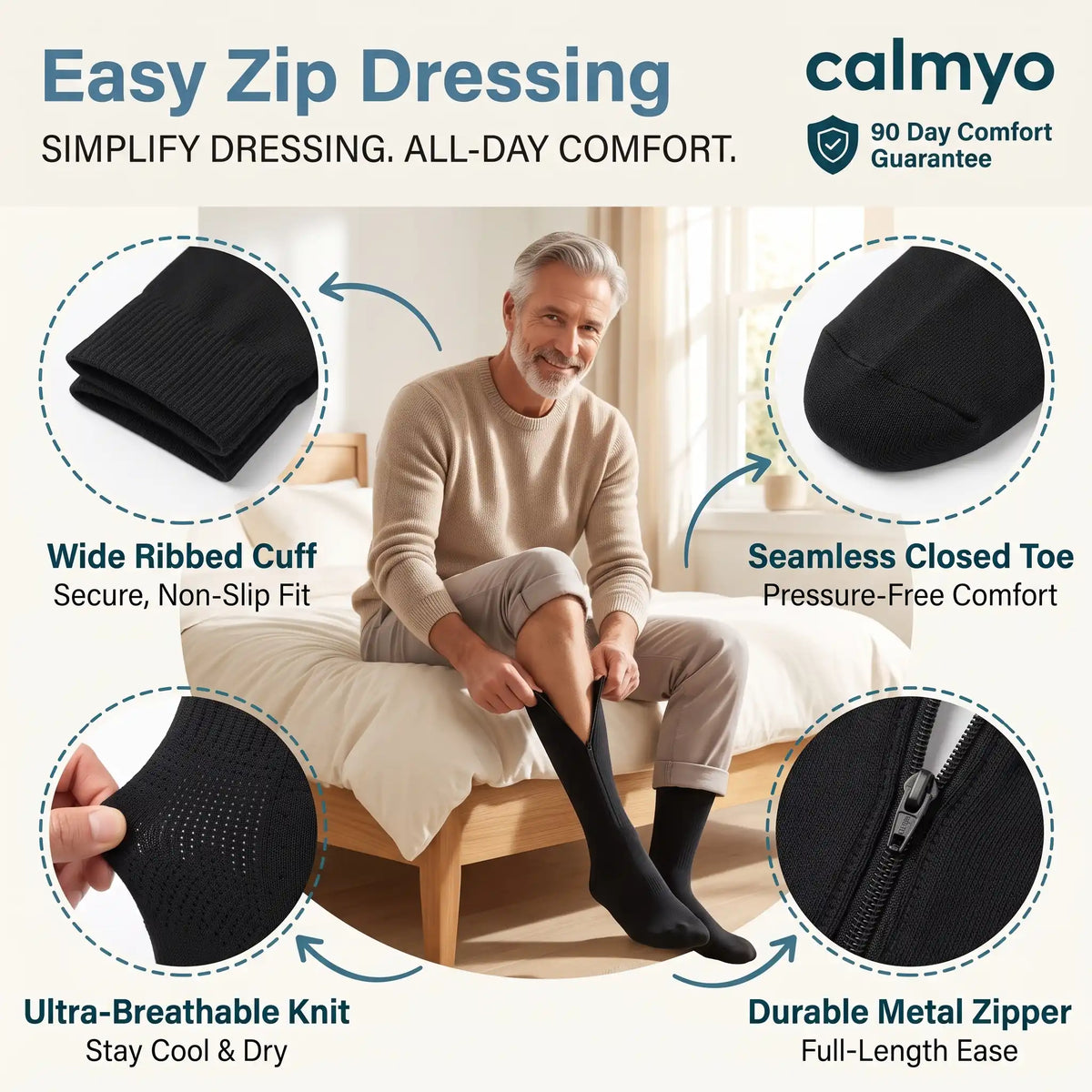 Calmyo compression socks detail: wide ribbed cuff, closed toe, breathable knit and metal zip
