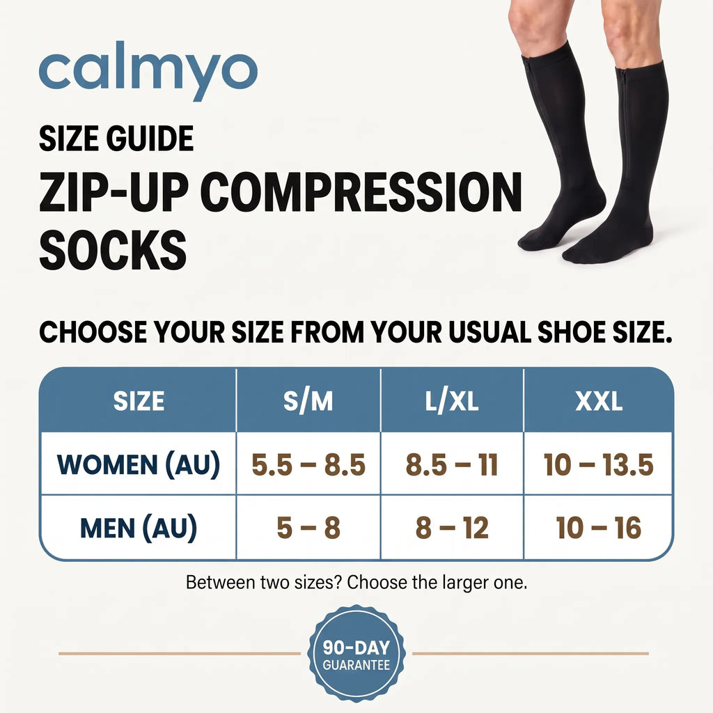 Calmyo compression socks size guide in Australian shoe sizes for S/M, L/XL and XXL