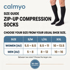 Calmyo compression socks size guide in Australian shoe sizes for S/M, L/XL and XXL