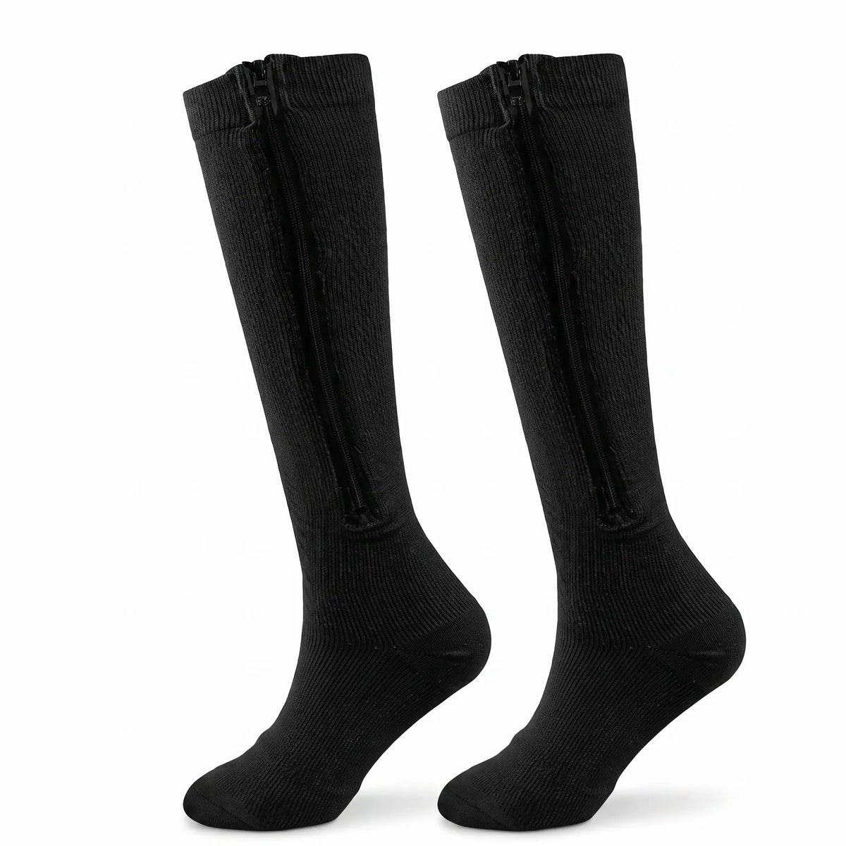 Pair of black Calmyo zip-up compression socks for flying, zip running ankle to knee