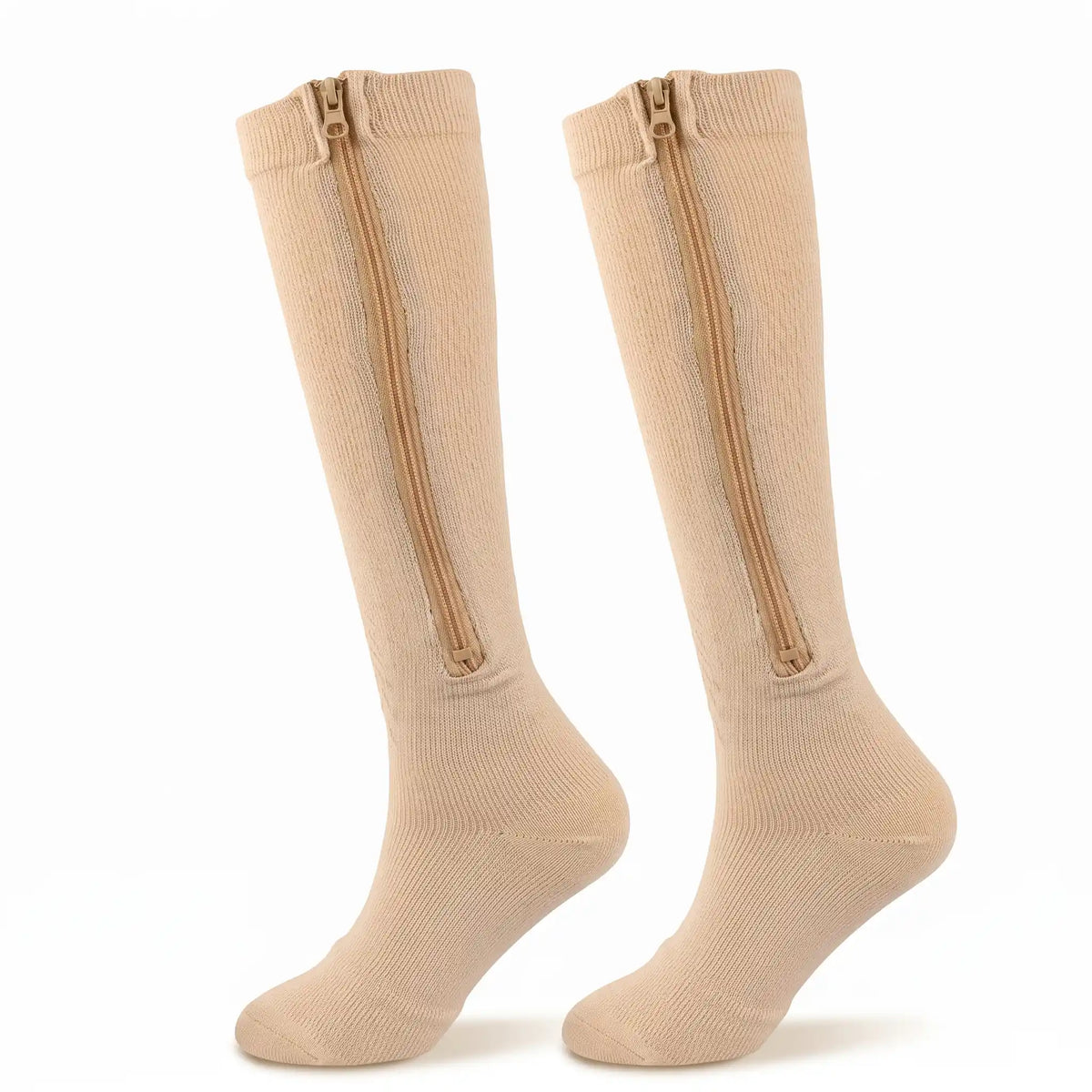 Pair of beige Calmyo zip-up compression socks for flying, zip running ankle to knee
