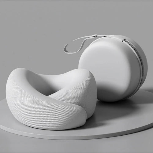 Calmyo memory foam travel pillow in grey with its matching round zip case