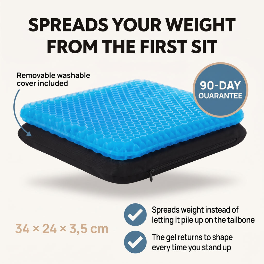 Calmyo honeycomb gel seat cushion, 34 x 24 cm, with its removable black zipped cover