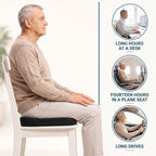 Calmyo gel seat cushion used at a desk, in an aeroplane seat and on long drives