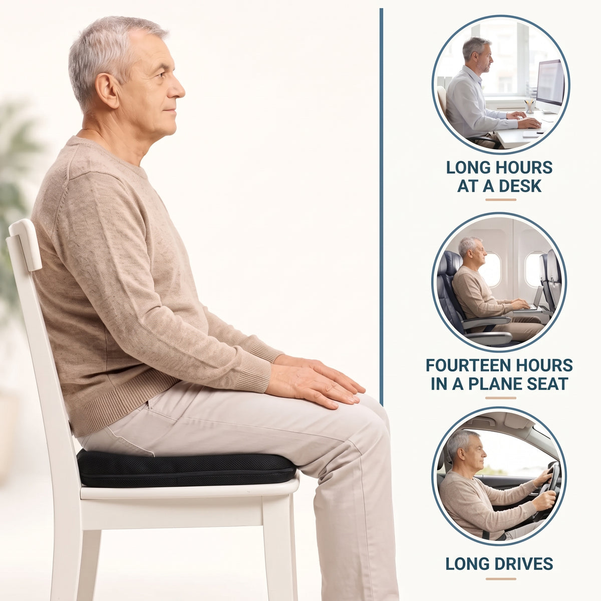 Calmyo gel seat cushion used at a desk, in an aeroplane seat and on long drives
