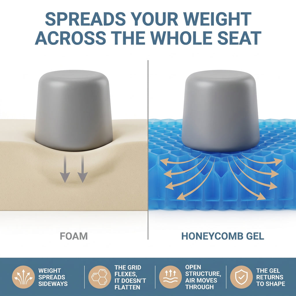 Cross-section of foam compressing under weight next to honeycomb gel spreading it sideways