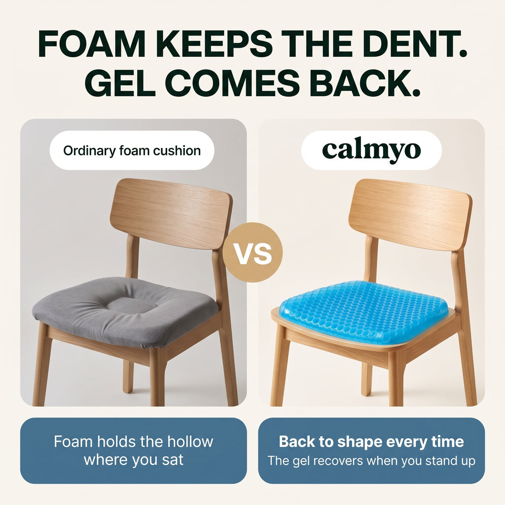 Foam seat cushion holding a dent next to a Calmyo gel cushion keeping its shape