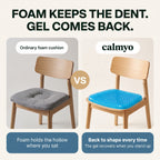 Foam seat cushion holding a dent next to a Calmyo gel cushion keeping its shape