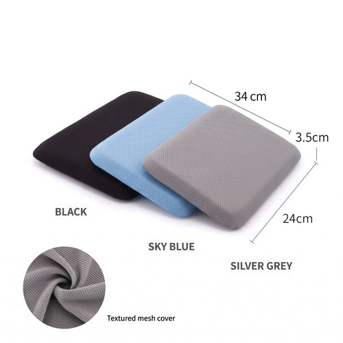 Calmyo gel seat cushion covers in black, sky blue and silver grey, 34 x 24 x 3.5 cm