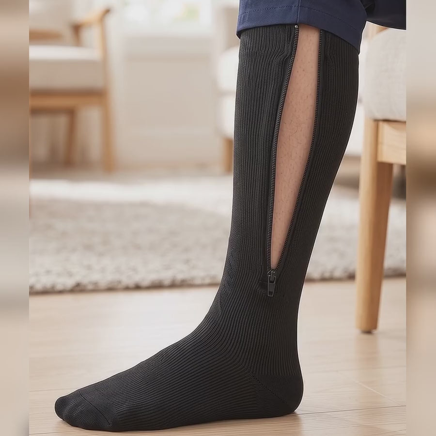 Demonstration of the Calmyo zip-up compression sock: the full-length zip closes from the ankle to just below the knee